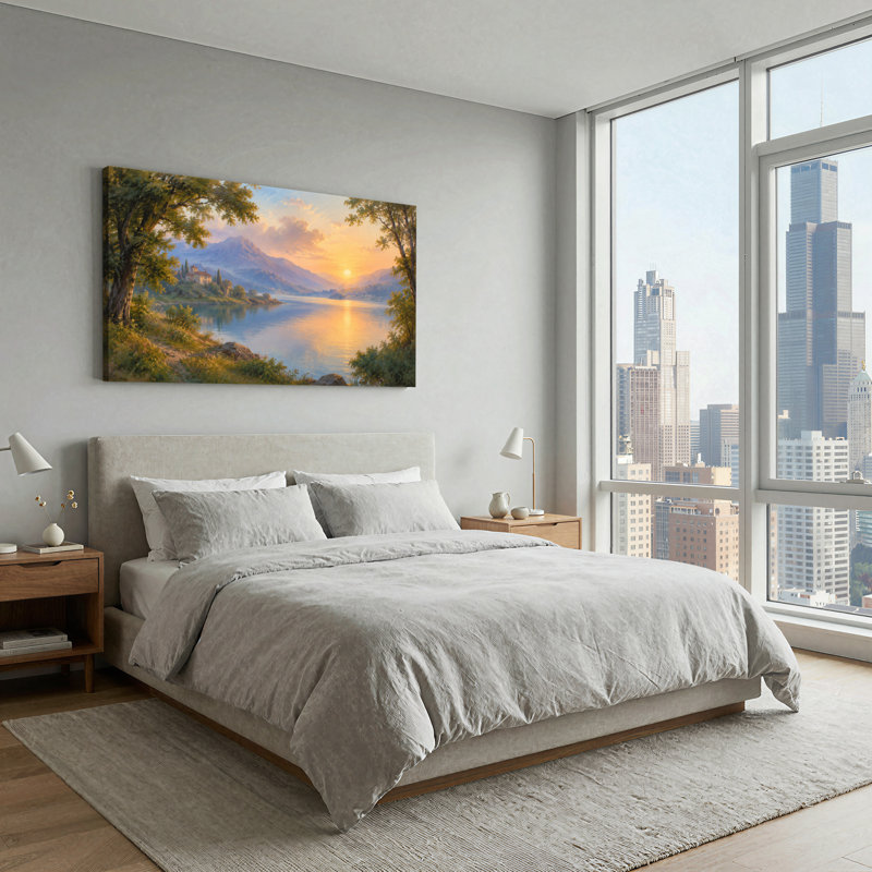 Tableau sur toile représentant une villa au bord du lac et des montagnes au coucher du soleil doré, L 40 po x H 20 po