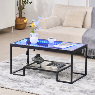 Table basse rectangulaire à 2 niveaux en verre avec rangement ouvert, table basse moderne en verre trempé avec éclairage intégré, bureau d'appoint minimaliste en métal pour salon ou bureau, montage facile