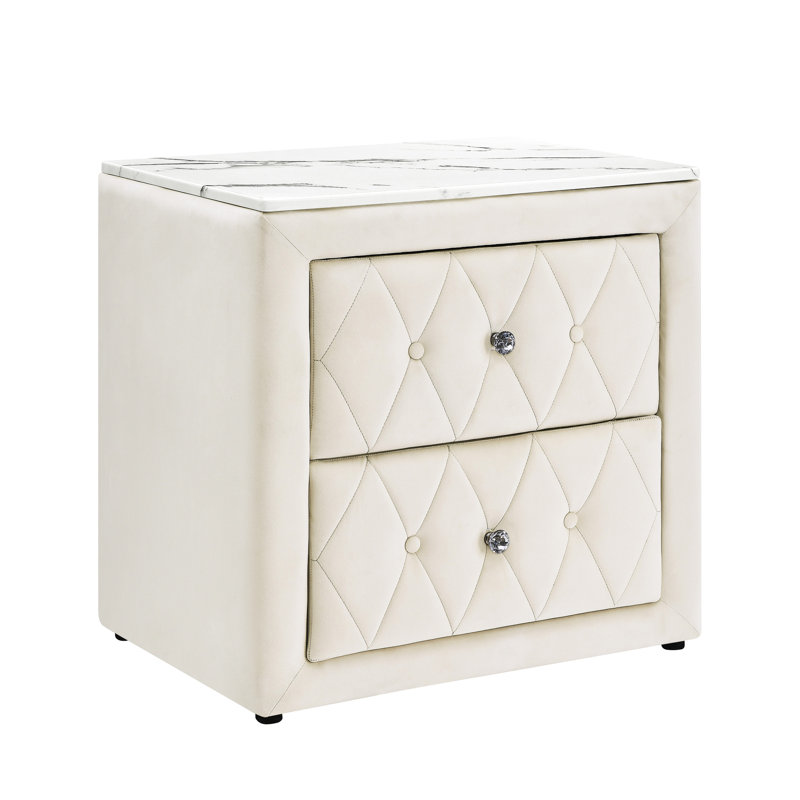 Table de chevet de chambre à coucher de style moderne avec plateau en faux marbre, surface en tissu à boutons et deux compartiments de rangement, tiroirs pour la décoration de chevet