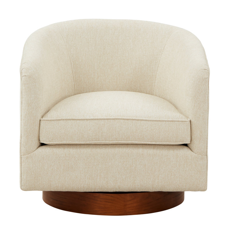 Chaise avec tissu beige, base pivotante en bois brun, rotation à 360 degrés, revêtement en chenille, coussin et conception amovibles de 6 po d'épaisseur, siège en bois sans assemblage, coutures cordées, coussin de style, facile à