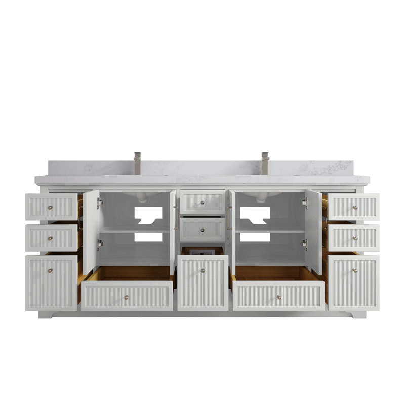 Alys l 84 po x P 22 po. Meuble-lavabo double Alys avec quartz 2 po (option poignées), Calacatta Nuvo