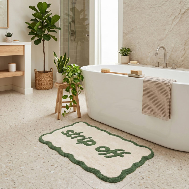 Strip Off Slogan Scalloped Bath Mat, Green