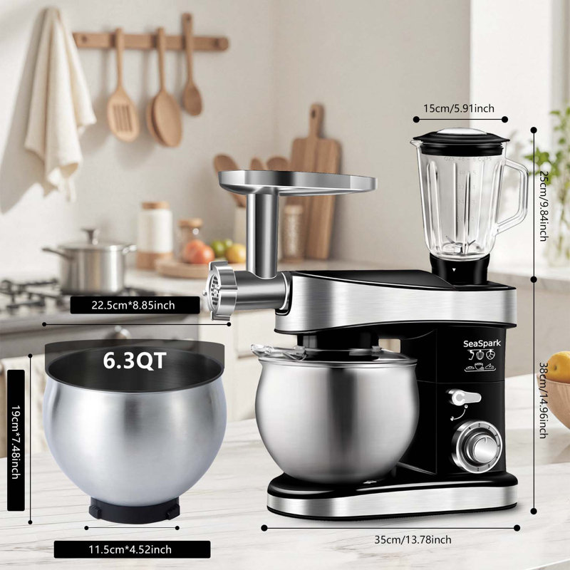 Seaspark 3 In 1 Multifunctional Stand Mixer, 6.3qt 6-speed With Juicer And Meat Grinder Functions And Accessories, Black