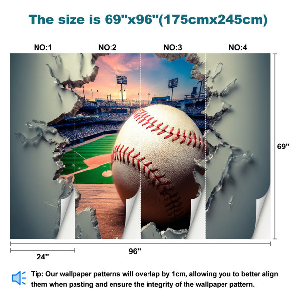 Latitude Run® Peel and Stick Wallpaper Wall Mural 3D Baseball Wall ...