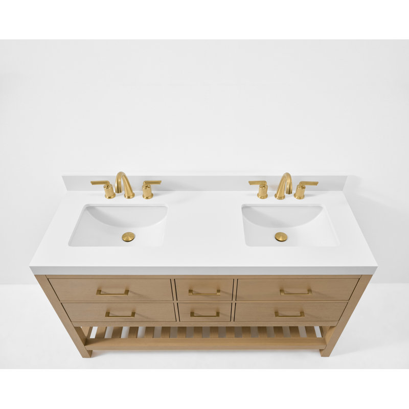 Elizabeth 60'' W Double Vanity, Oak/Rose Gold, Pure White Quartz