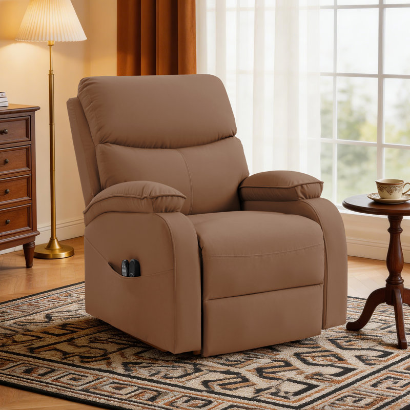 Power Lift Recliner With Massage Heat Scratch-Resistant Fabric Side Pocket and USB Port, Light Brown