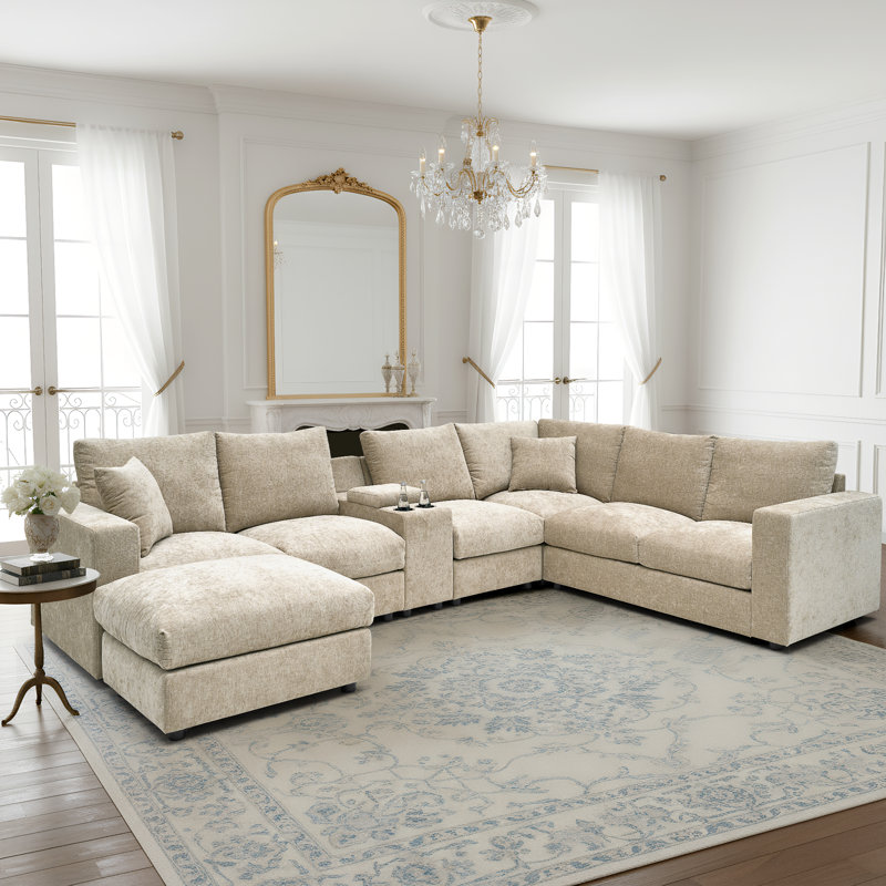 Cloud Modular Sectional Sofa Upholstered Deep Seat Couches With Cupholder Console With Usb Port & Storage Box And An Ottoman