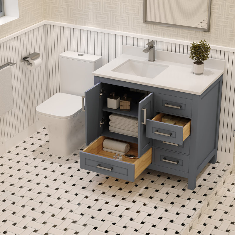 Meuble-lavabo simple 36 po avec comptoir en quartz blanc Rooh, gris