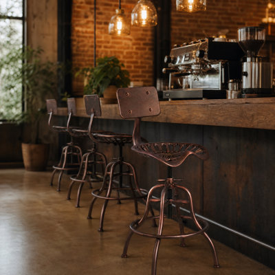 SET OF 3, Adjustable Industrial Home Bar Stools - Cast Iron Tractor Seat Swivel Metal Farmhouse Dining Stools - Counter & Pub Height 22.44" To 27.56" - Copper