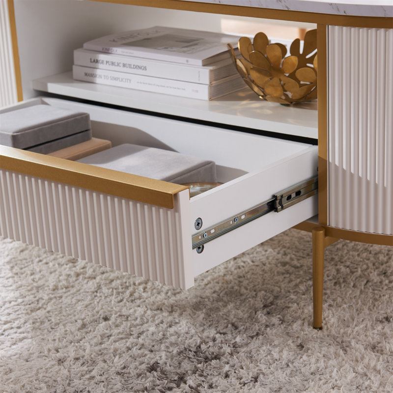 Table basse ovale avec rangement Roseellen, Blanc / marbre gris clair, Blanc