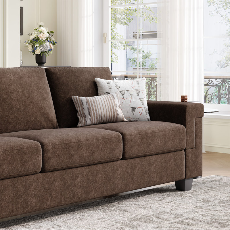 Canapé en polyester à accoudoirs carrés Dereon, Brun, H 32,7 po x l 90 po x P 35 po