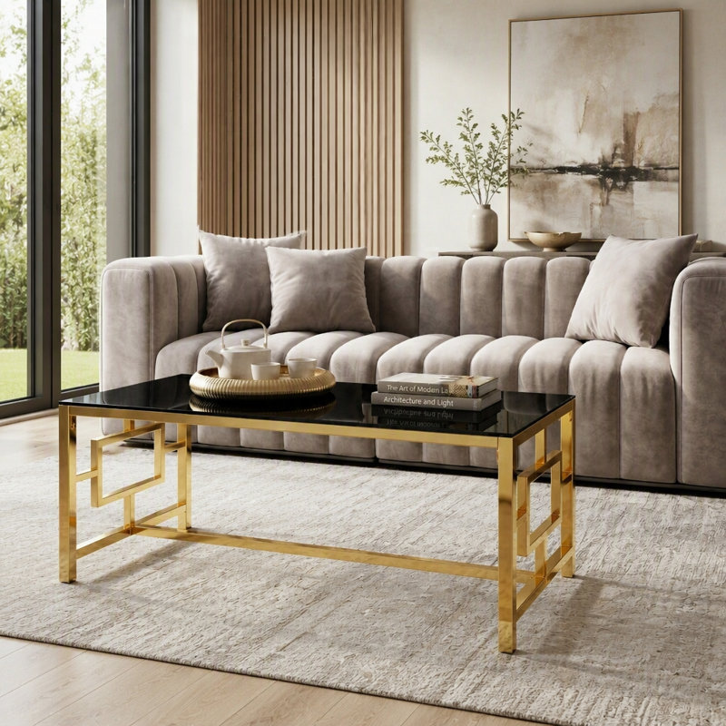 Tempered Glass Top Coffee Table, H 15,8 po x l 47,2 po x P 23,6 po, Black / Gold