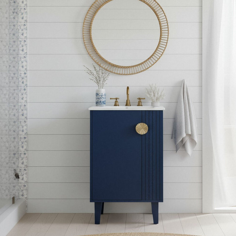 French Style 20-Inch Bathroom Vanity With Ceramic Sink With Soft-Close Door & Half-Moon Handle & Adjustable Shelf, Blue