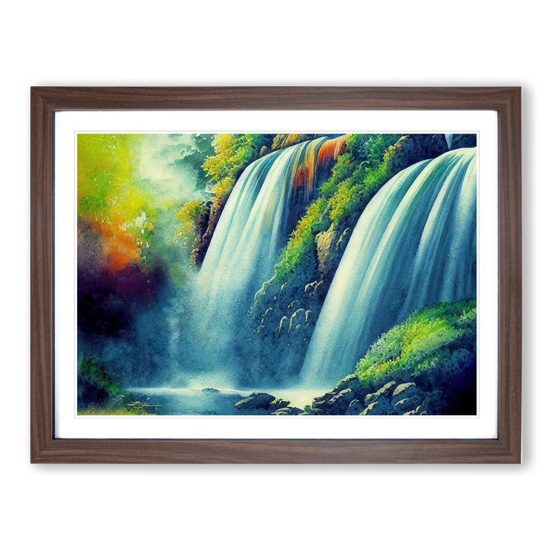 Watercolour Waterfall - Single Picture Frame Print, 34cm H x 46cm W, Walnut