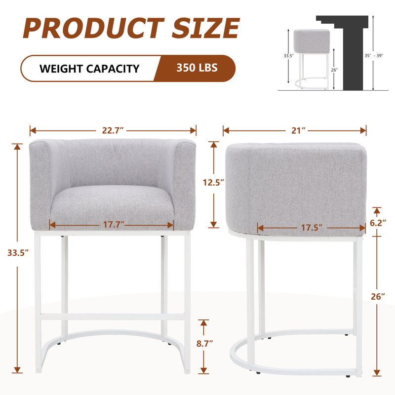 Upholstered Counter Height Stool with Metal Frame (Set of 6), Light Gray Seat/White Frame, 6