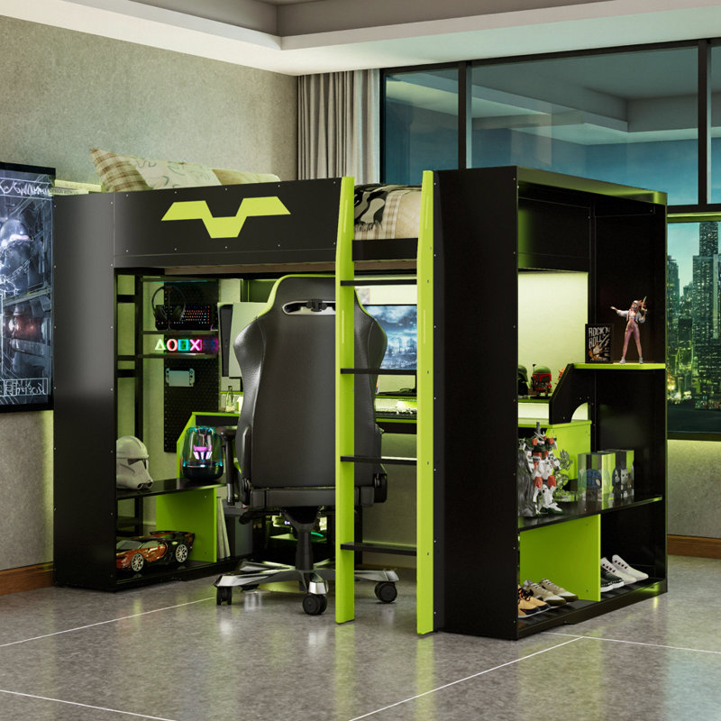 Lit mezzanine pleine grandeur avec concentrateur électrique intégré, bureau ergonomique et lumières RVB froides - Conception peu encombrante pour les enfants et les adolescents