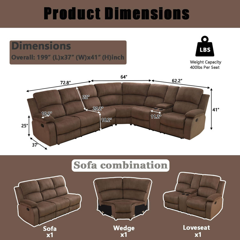 Ensemble de canapé modulaire inclinable 3 pièces, Brun