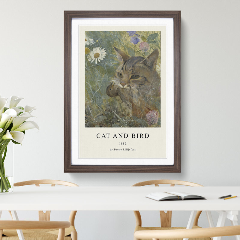A Cat with a Bird in Its Mouth by Bruno Liljefors - Picture Frame Painting, Walnut Framed, 36cm H x 27cm W x 2cm D