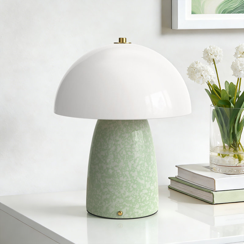 11" Modern Green Mushroom Cordless Rechargeable Ceramic Table Lamp with Touch Control 3-Level Dimming Type-C Charging for Bedroom Living Room Study and Outdoor