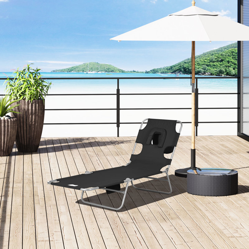 Black Outdoor Sun Chair With 5 Adjustable Positions, Face Hole, Arm Slots And Pillow For Garden, Pool Folding Lounger Levels, Use