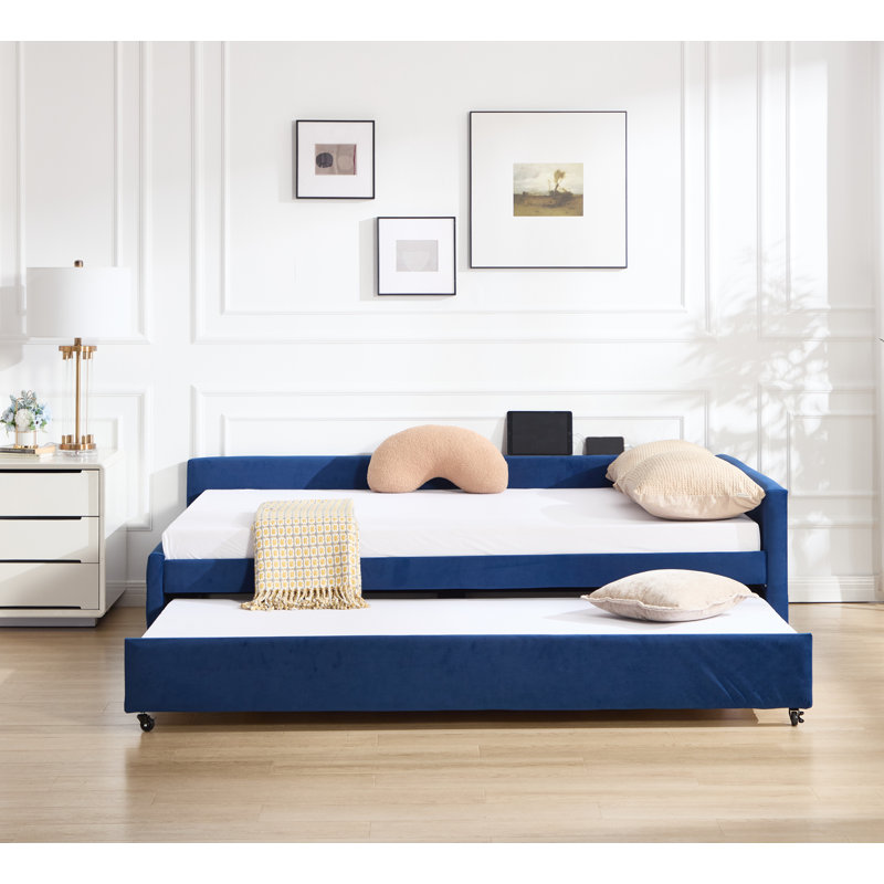 Lit de jour rembourré avec lit gigogne et structure en bois robuste avec un design moderne en grille de diamant pour la chambre à coucher ou la chambre d'amis.