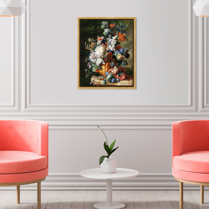 Fleurs dans une urne par Jan Van Huysum - Peinture, H 36 po x l 30 po, Toile blanche encadrée