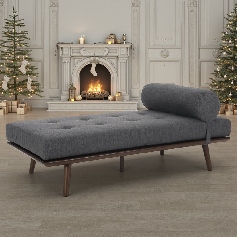 Chaise longue capitonnée avec traversin et structure en bois d'hévéa, Brun