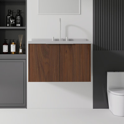 Meuble-lavabo flottant 30 po avec lavabo, porte à fermeture douce, comptoir et dosseret en marbre de granite blanc de 2 po, contreplaqué, brun