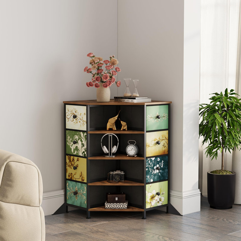 Commode d'angle avec 8 tiroirs et 4 tablettes, armoire de rangement peu encombrante pour la chambre à coucher, coffre de rangement en tissu avec plateau en bois, tour de rangement pour vêtements pour chambre à coucher, placard, salon