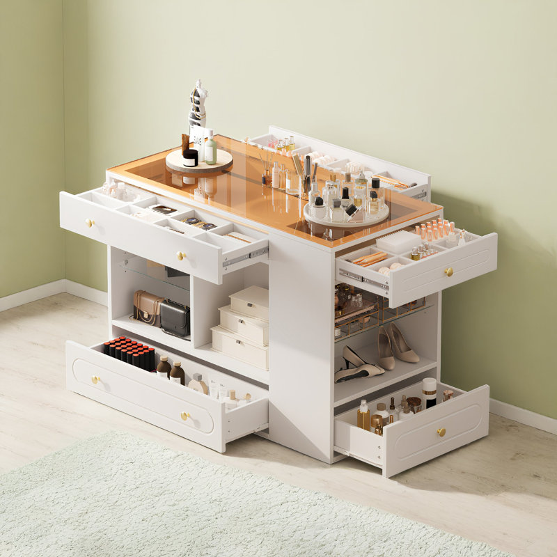 6-Drawer Armoire Makeup Vanities with Open Shelf and Tempered Glass Display Top, White