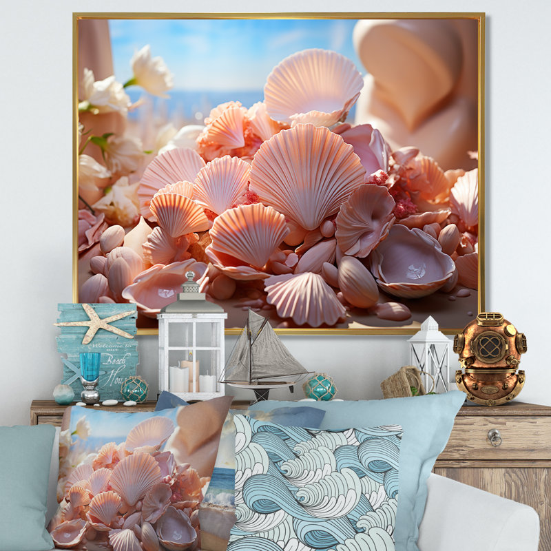 Coquillages romantiques sur toile, H 12 po x l 20 po x P 1 po, Cadre flottant doré