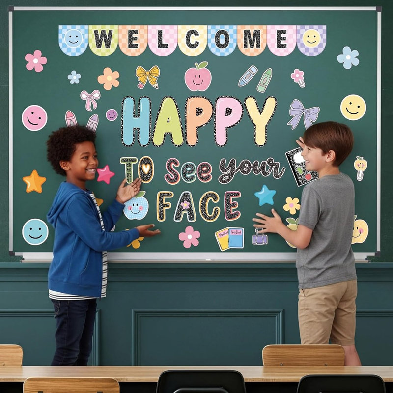 Welcome Back To School Babillard Décorations - Cahier à thème «Happy To See Your Face», ensemble de décorations de classe «Smile Face»