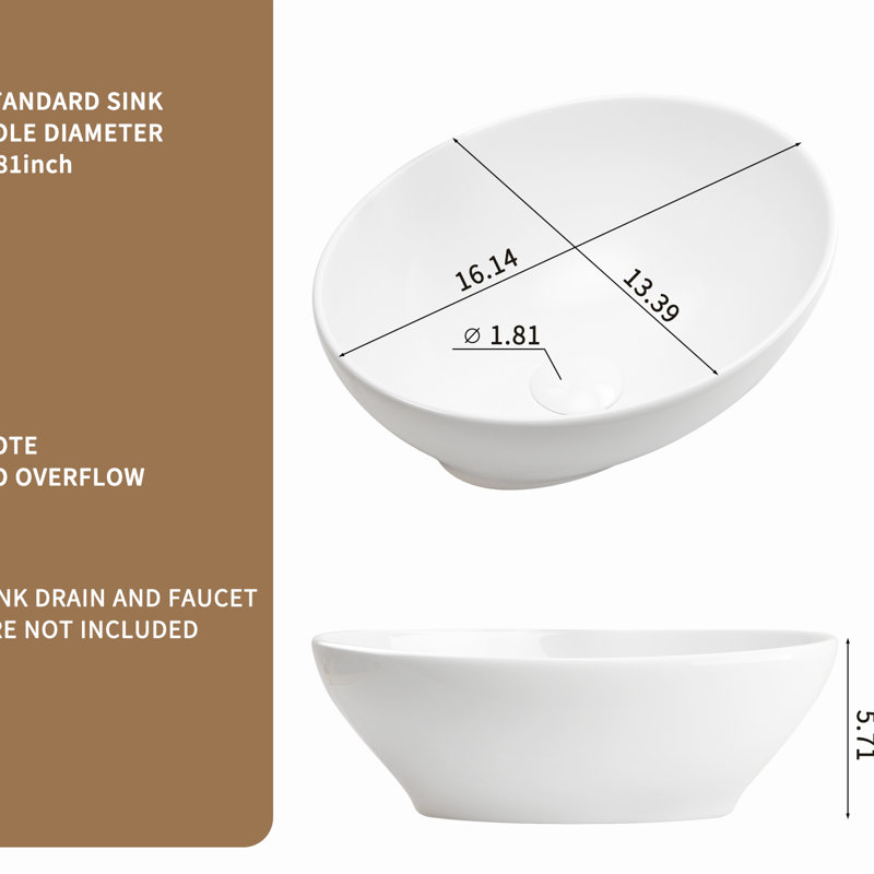 Lavabo de salle de bain ovale en céramique blanche 16 po x 13 po 5,5 po - Style élégant, matériau, conception d'entretien sans effort, durabilité à long terme, surface lisse pour un nettoyage facile