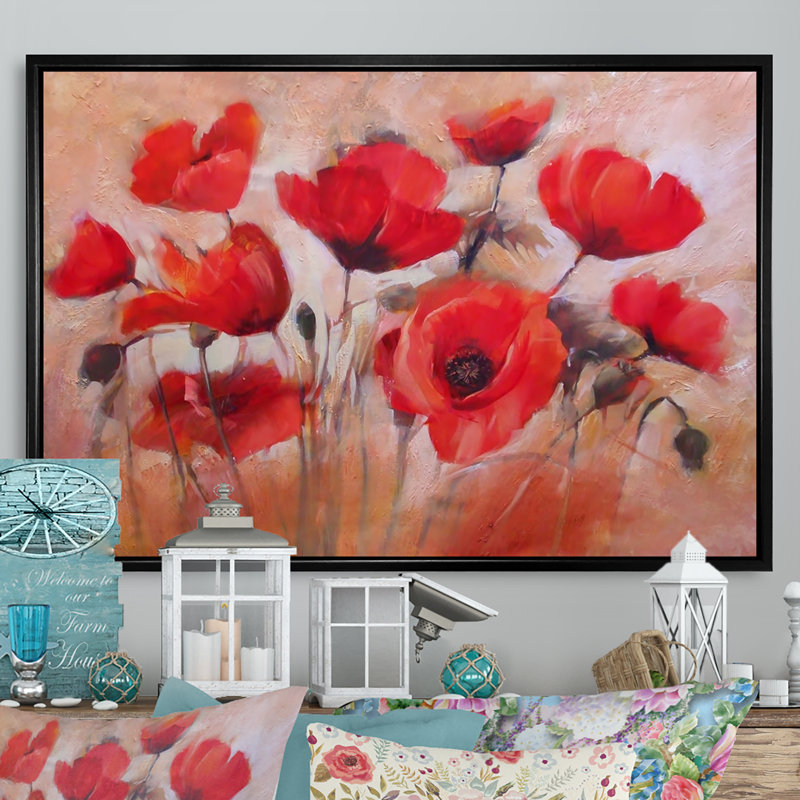 Red Blooming Poppies V - reproduction de cadre flottant sur toile, H 8 po x l 12 po x P 1 po, Cadre flottant noir