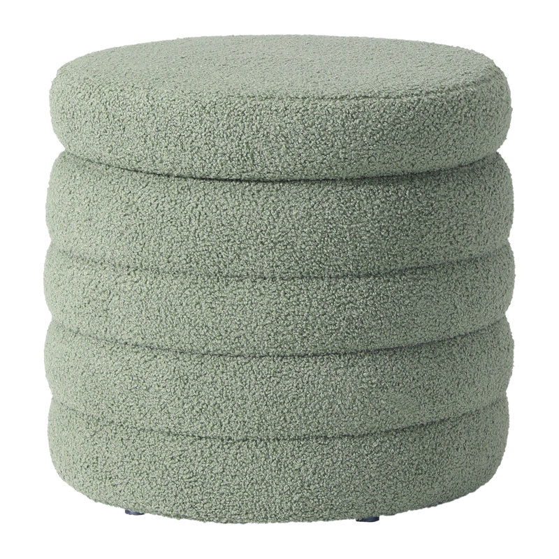 Bayville 16" Tall Sherpa Round Ottoman With Storage, Green Polyester