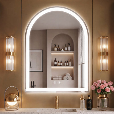 Wall-Mounted Arched Mirror LED Anti-Fog Bathroom Mirror, Adjustable Brightness and Color Temperature Vanity Mirror