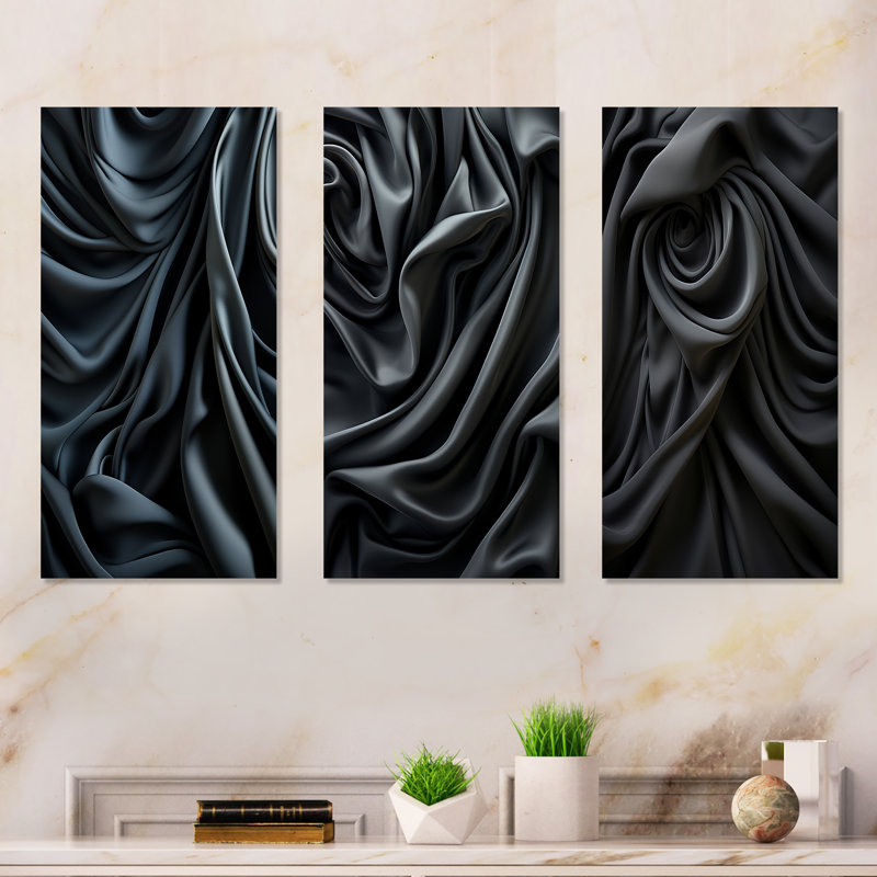 Silk Fractal Noir Curves I - Ensemble de salon mural art abstrait fractal 3 pièces, Toile tendue, H 40 po x l 60 po