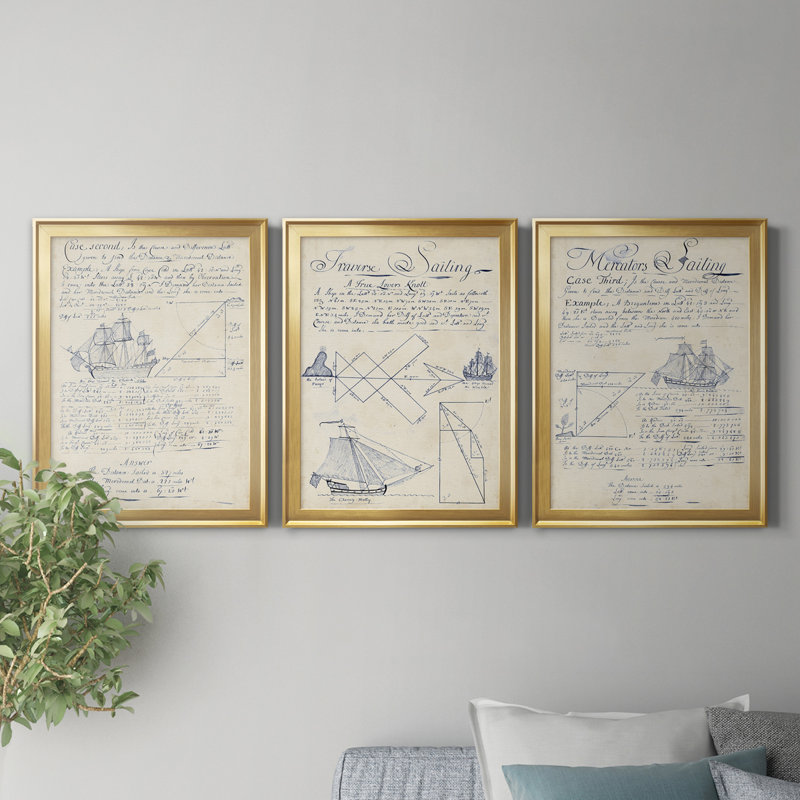 «Nautical Journal I», ensemble de 3 impressions sur toile encadrées, Encadrement doré, H 22,5 po x l 91,5 po x P 1,5 po