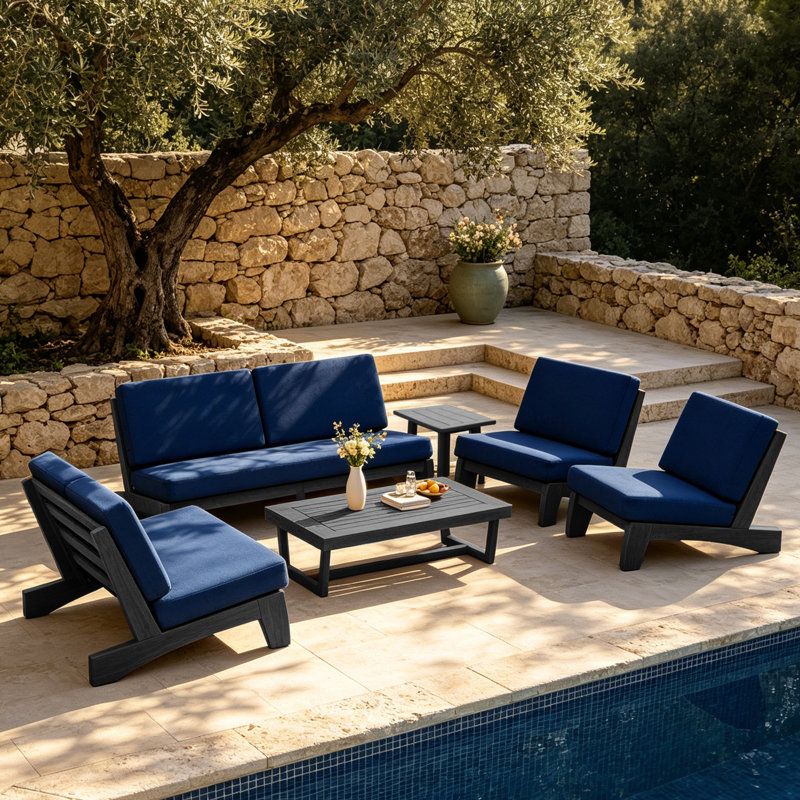 Ensemble de conversation Polett, 6 Pcs: 2 Tables, Loveseat, 2 Chairs, Sofa, Navy, Black
