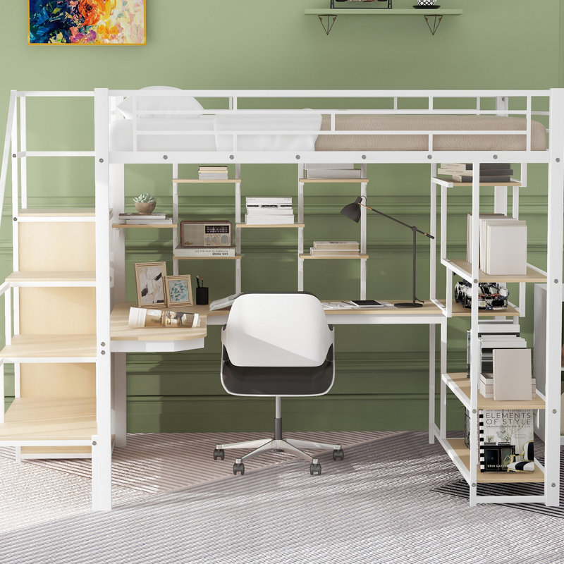 Lit mezzanine blanc avec bureau intégré, rangement et escalier à tablettes en métal