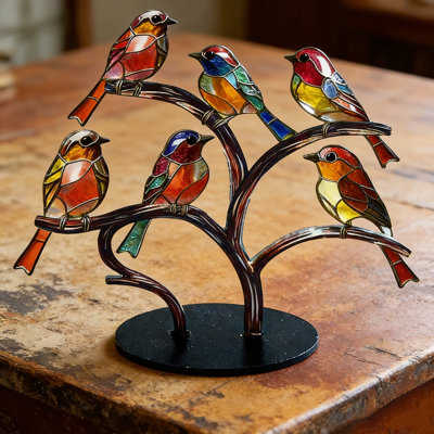 Ornement de bureau coloré en forme de colibri sur arbre 6 avec base pour décoration de bureau et de maison de 6,1 po