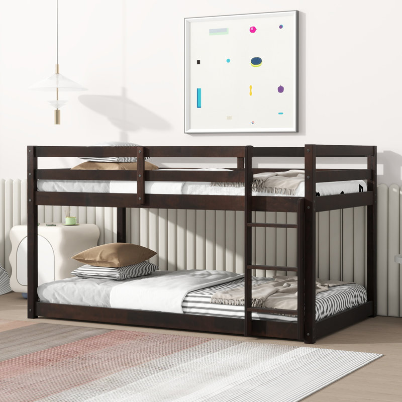 Wood Twin Over Twin Floor Bunk Bed with Ladder, Twin Size Bunk Bed for Teens, No Box Spring Needed, Espresso