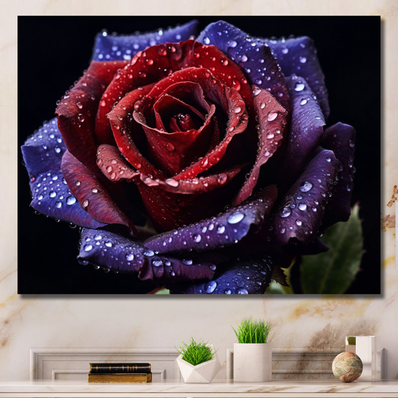 Rose rouge et mauve avec gouttes de pluie - art mural floral, 24" H x 32" W, Gold Picture Framed