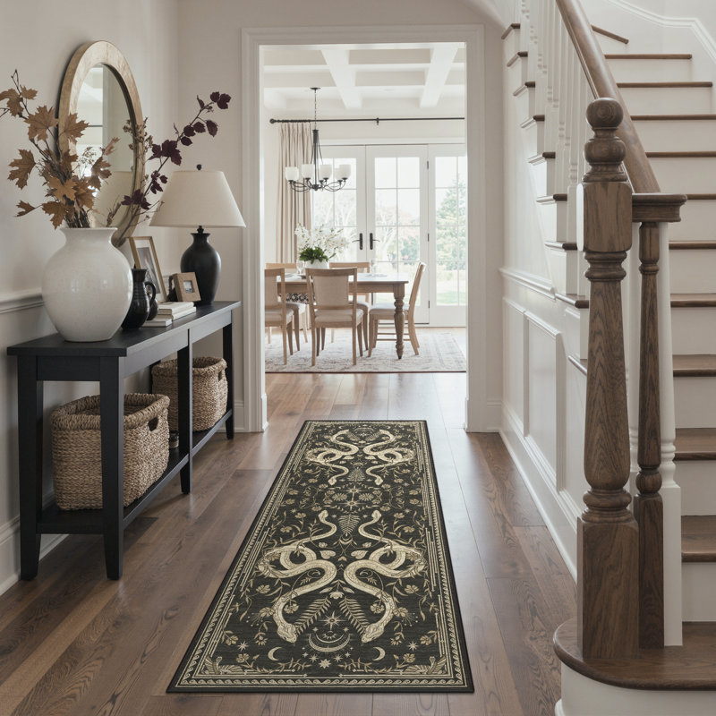 Animal Print Machine Washable Beige/Black/Green Indoor Area Rug With Non-Slip Backing, Runner 2'6" x 8'