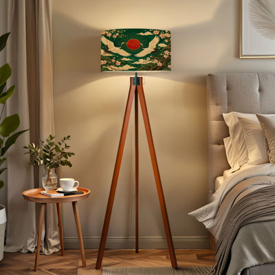 Tripod Standing Lamp Cranes Cherry Blossoms Elegant design rich green rising sun Remote Control Dimmable LED Floor Lamp Mid Century Beech Wood Legs Detachable Linen Drum Shade for Living Room Bedroom Home Office
