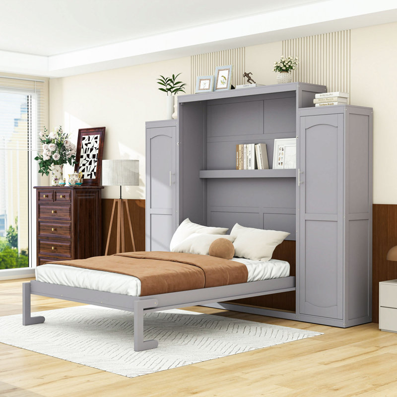Lit escamotable en bois avec tablettes et armoires, gris, Grand