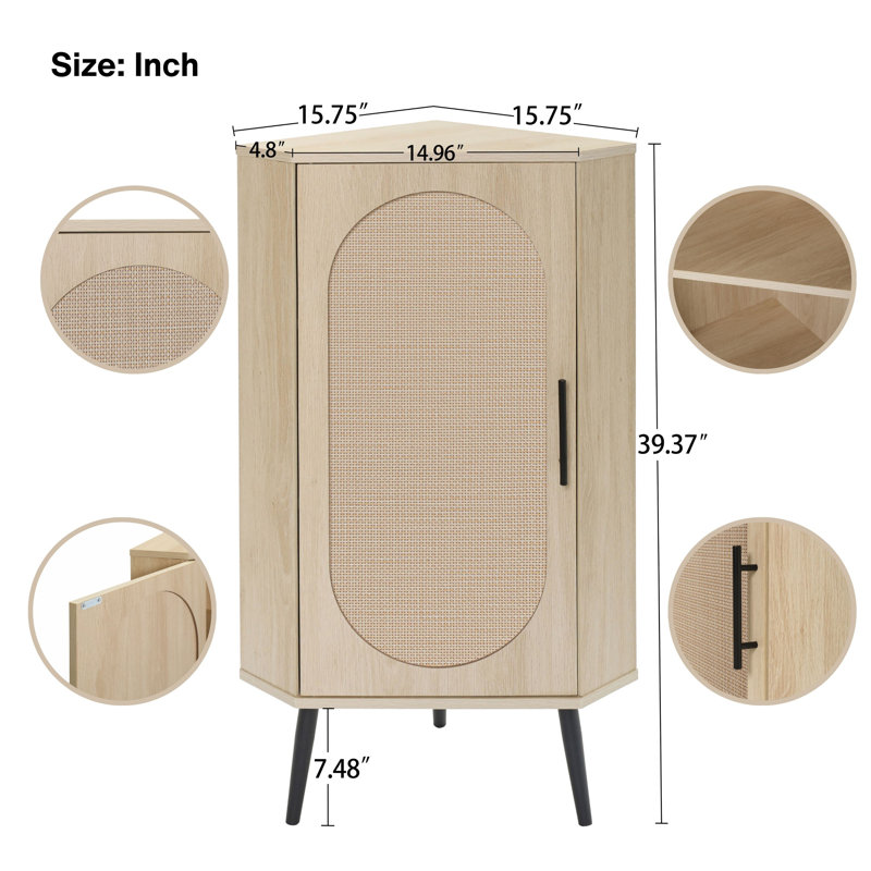 Corner Cabinet With Rattan Door, Freestanding Corner Tables For Small Spaces, Corner Display Cabinet