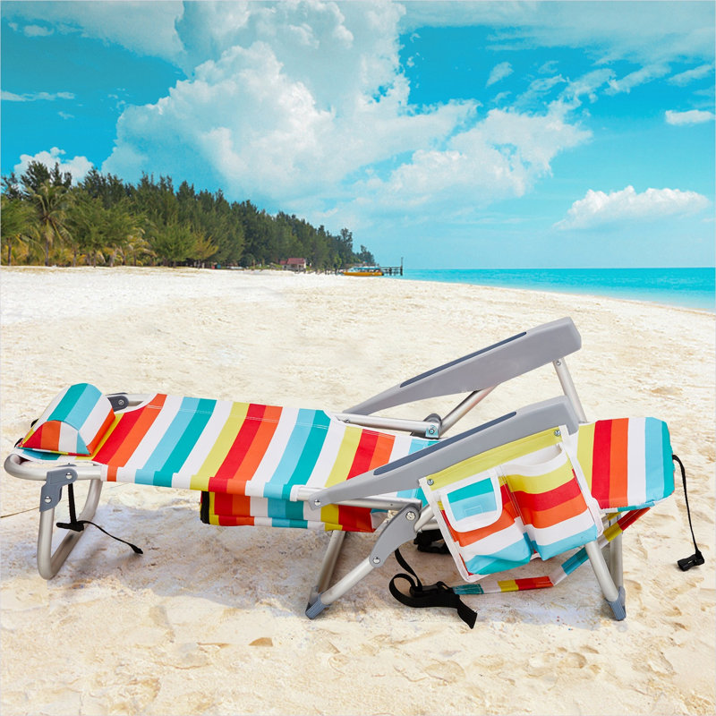 Chaise de plage pliante avec structure en aluminium, revêtement en polyester 600D, capacité de 100 kg, siège inclinable à 5 positions et fonction allongée à plat.