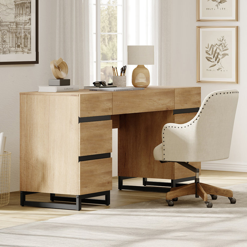 59" Modern Executive Desk With Drawers, Wood Computer Writing Desk With Charging Station, Office Desk For Bedroom, Living Room, Home Office