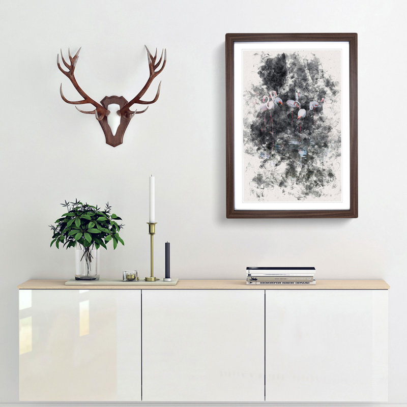 Reflection of Flamingos - Picture Frame Painting Print, 33cm H x 24cm W x 2cm D, Walnut Framed